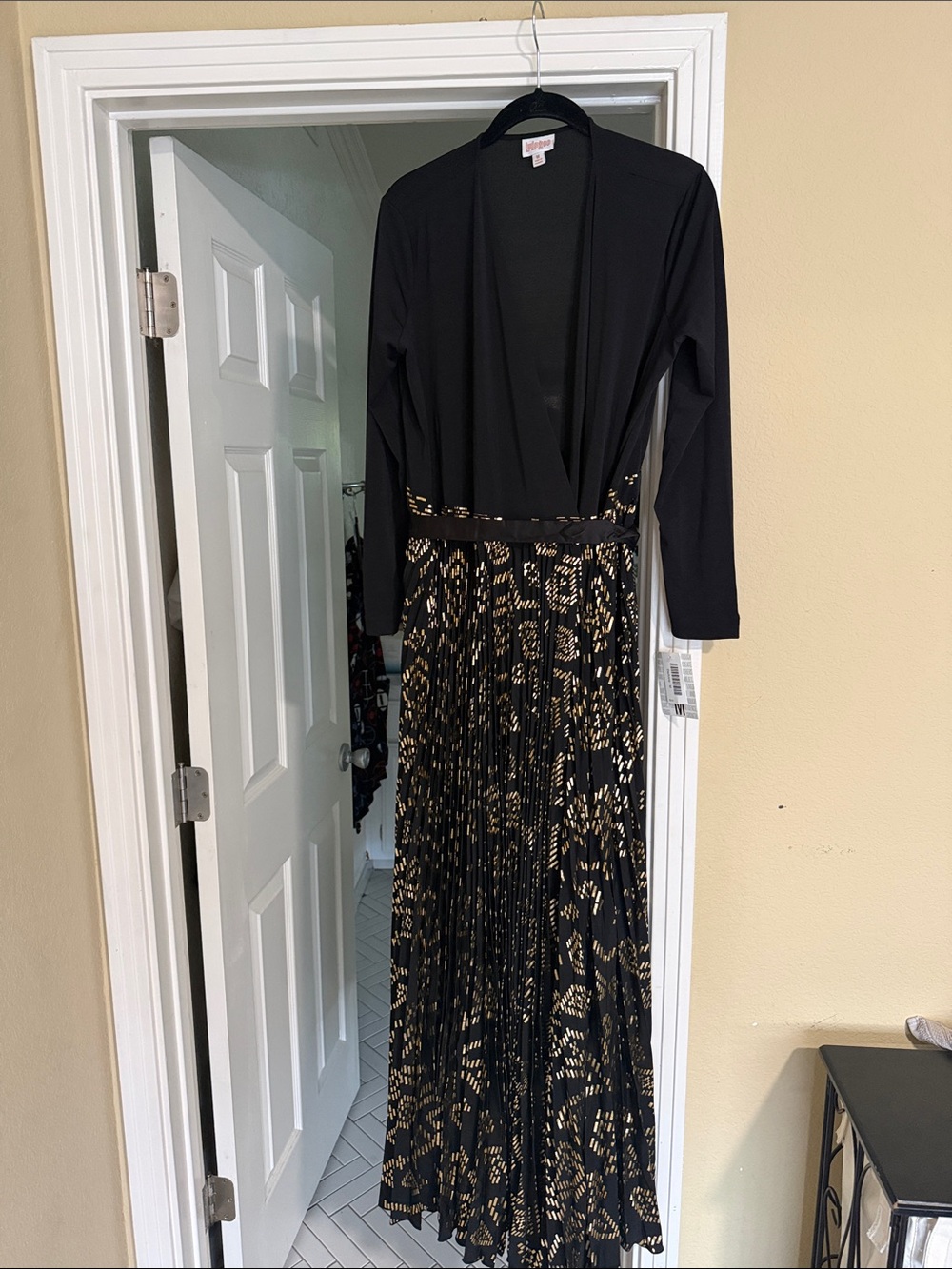 LuLaRoe Black Dress with Gold Patterned Pleated Skirt - Long Sleeve